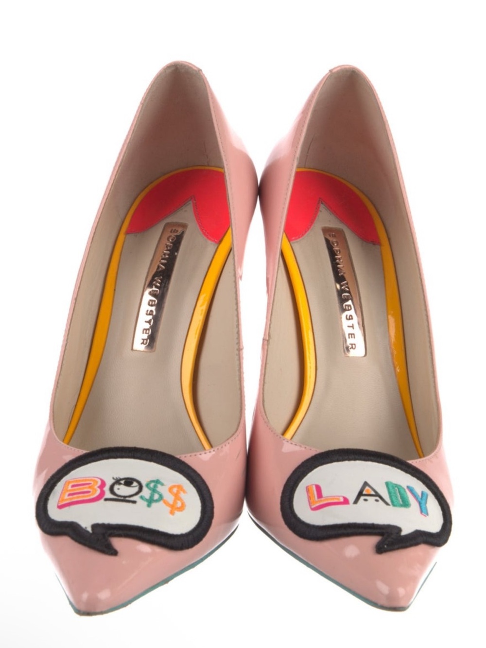 Charlotte Olympia Pink Patent Leather Pointed-Toe Patch Pumps